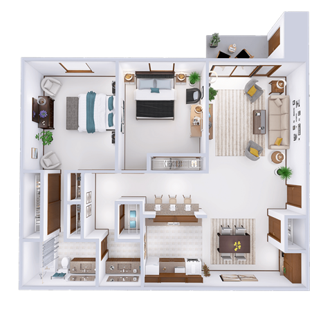 Floor plan for 2 beds, 1 bath, 907 sqft